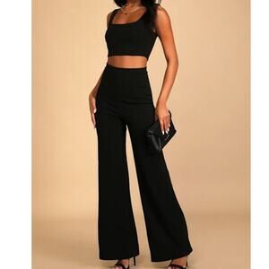 Lulus Only Tonight Two Piece Crop Top Wide Leg Pant Women's XS Black
